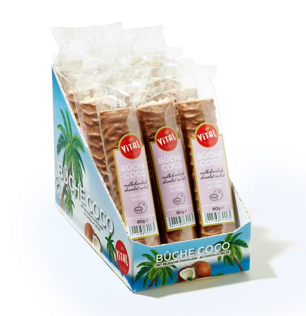 Vital Kokos-Schokoladen Riegel einzeln verpackt im Thekendisplay