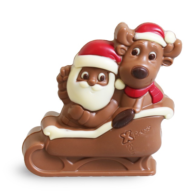 Schokoladenfigur Santa & Elch auf Schlitten "Weihnachtsexpress" 3-farbig