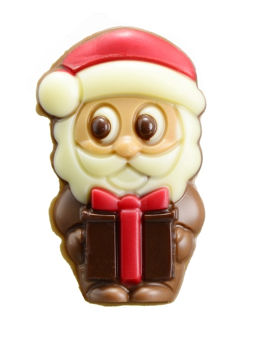 Schokoladen 3-D Figur "Weihnachtsmann mit Geschenk" gefüllt